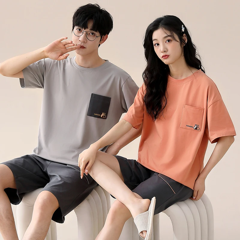 Newest Couple Pajama Set Summer Short Sleeve Pyjamas 100% Cotton Men and Women Solid Casual Sleepwear