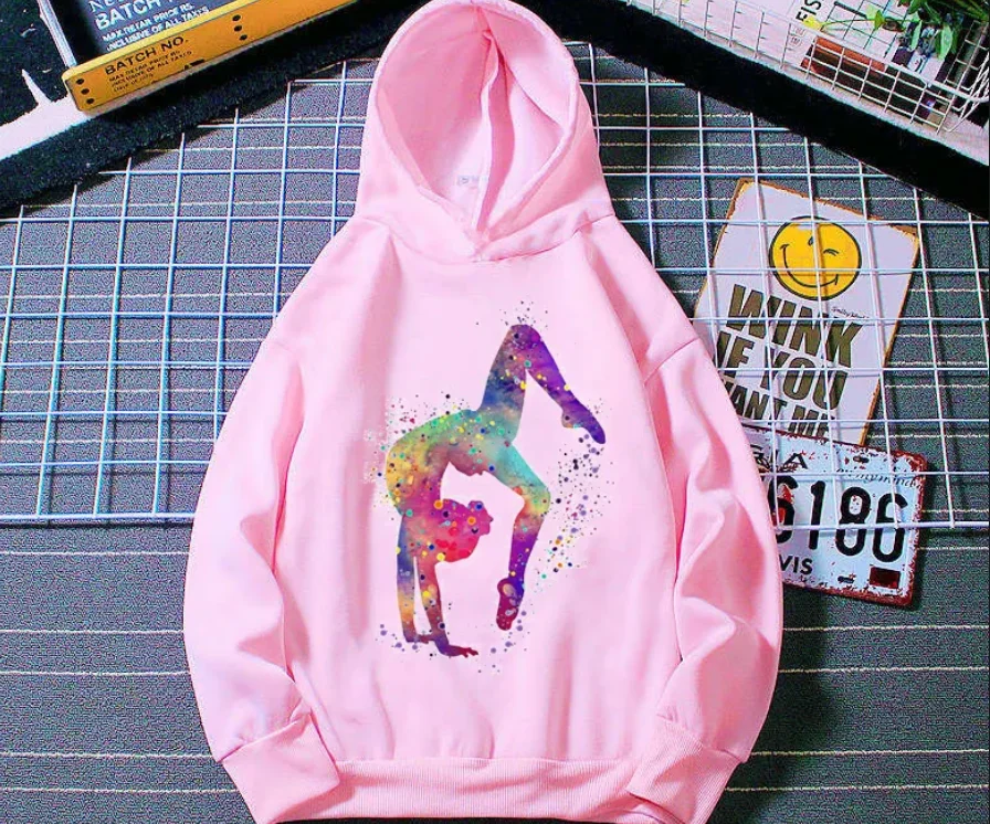 Acquerello ginnastica arte stampa felpe divertenti ragazze palestra amante regalo di compleanno rosa top vestiti spessi bambini felpa con cappuccio