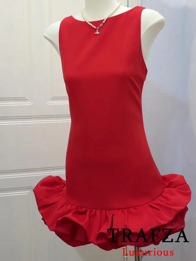 TRAFZA Vintage Chic Rot Sexy Frauen Kleid Cami Ärmelloses Backless Mini Party Vestidos Mode 2025, Elegante Abend Club Kleid