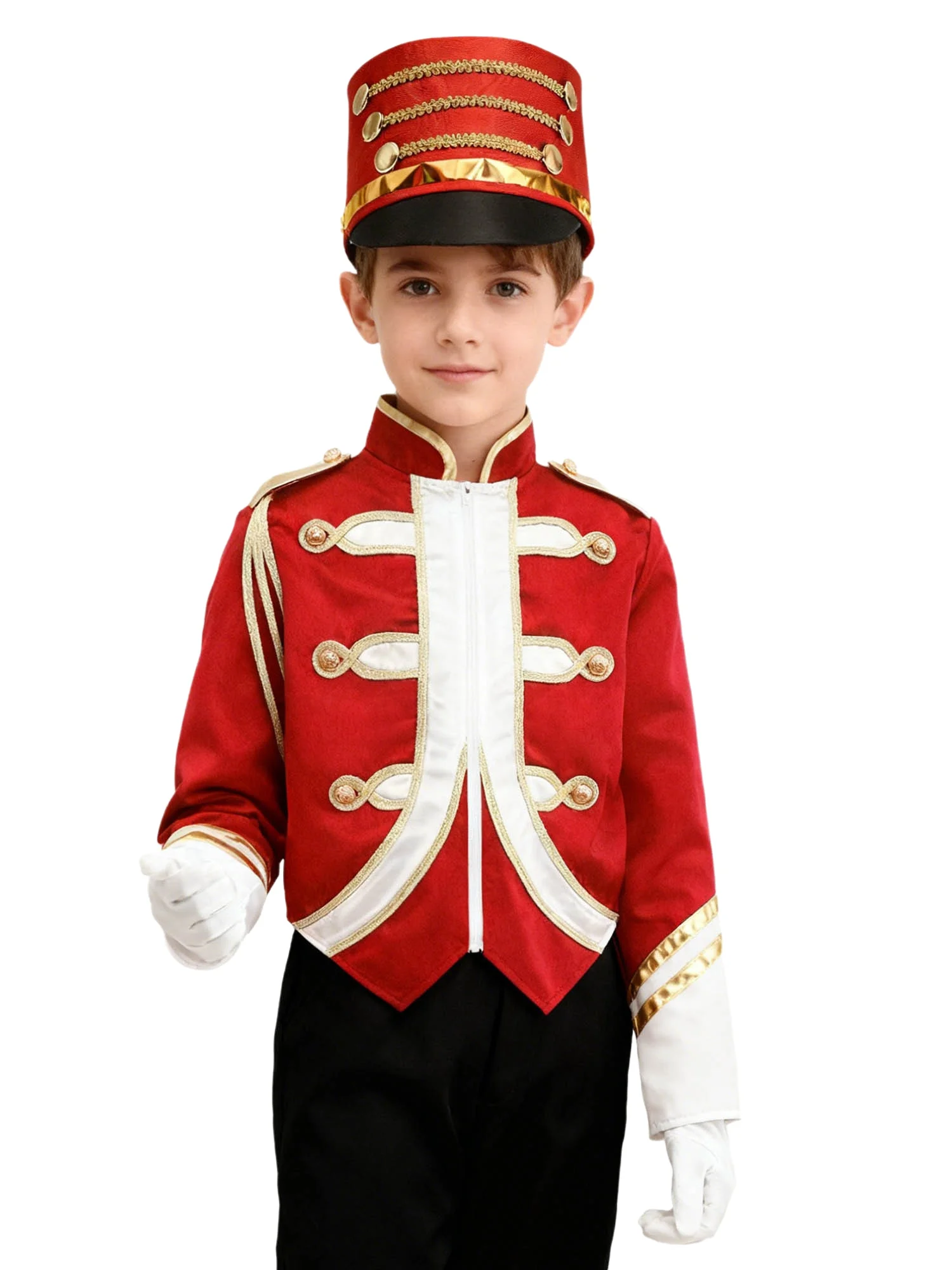 Conjunto de uniforme de banda de marcha para niños con sombrero, guantes y chaqueta de manga larga con cremallera para desfiles, ceremonias y presentaciones