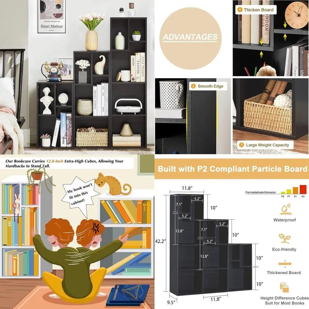 

3-Tier VECELO Compact Bookshelf, Holds 9.3 x 10-12.8 Books, Cube Style, Black, Ideal for Home & Office