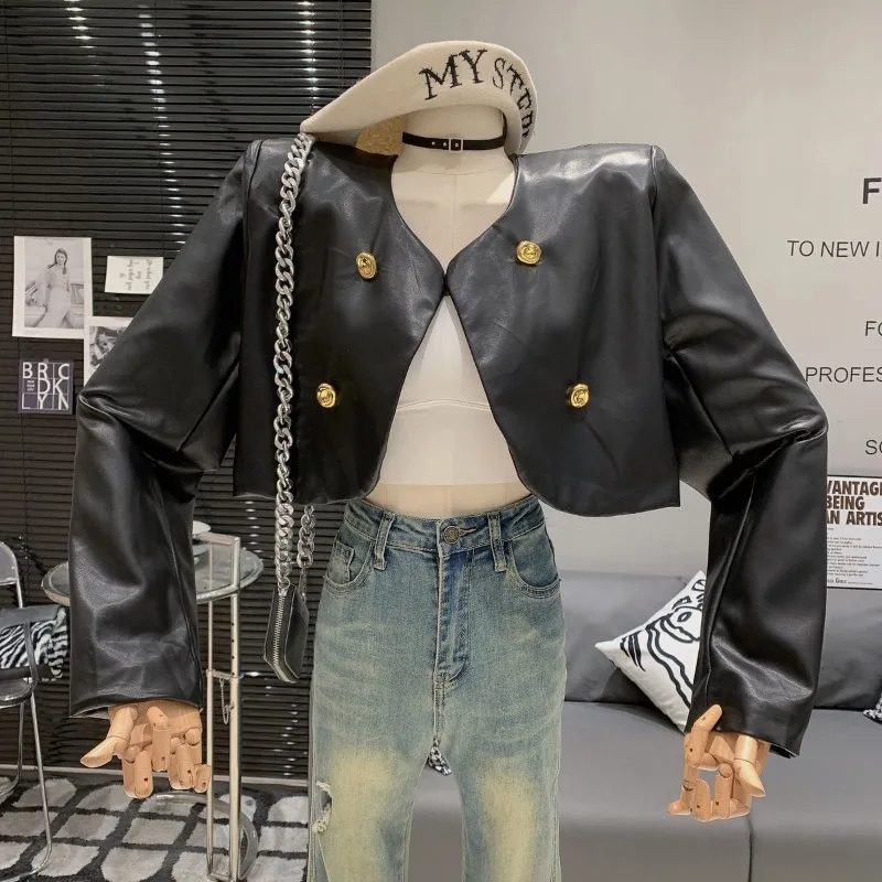 

Корейский ретро-мотоциклетный стиль, милая, прохладная и пряная, в иностранном стиле, свободная и тонкая кожаная куртка из искусственной кожи с металлической пряжкой, кожаная куртка