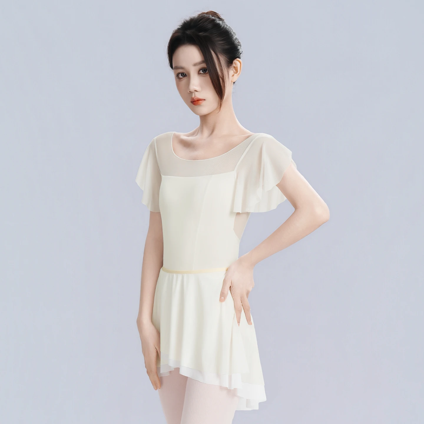 

Woman Mesh Splice Ballet Leotards Beige Adult Teen Short Sleeve Ballet Bodysuits Gymnastics Exercise Bodysuit Dance Leotard