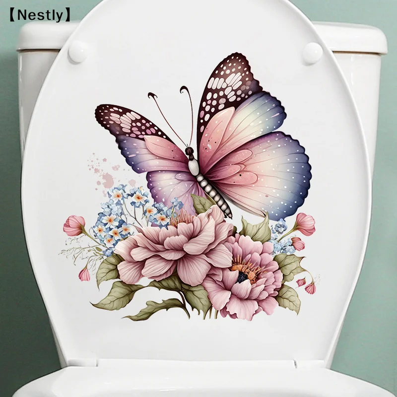 Butterflies Plants Flowers Wall Sticker Bathroom Toilet Decor Decals Living Room Cabinet Home Decoration 〔Nest〕