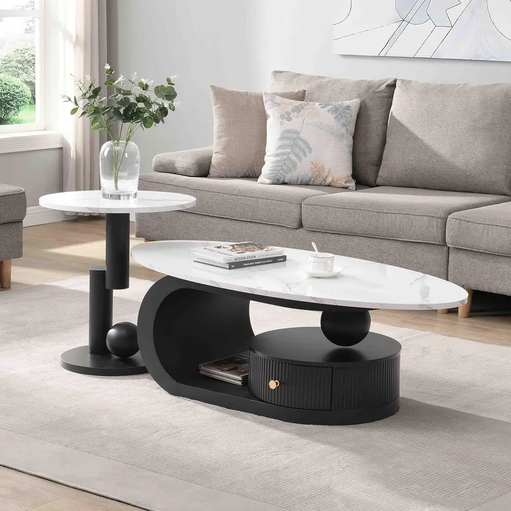 

Elegant Nesting Coffee Table Set, 2-Piece, Oval and Round Accent Tables for Living Room, Marble-Style Center and End Tables