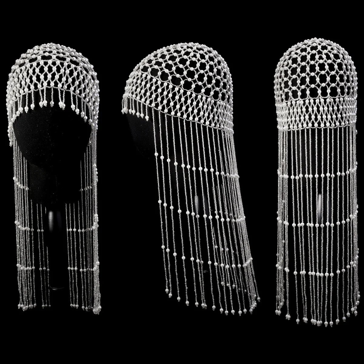 Luxury Pearls Beaded Headwrap for Women Full Tassel Headpiece 1920s Gatsby Flapper Cap Bridal Headband Wedding Hair Accessories view 4