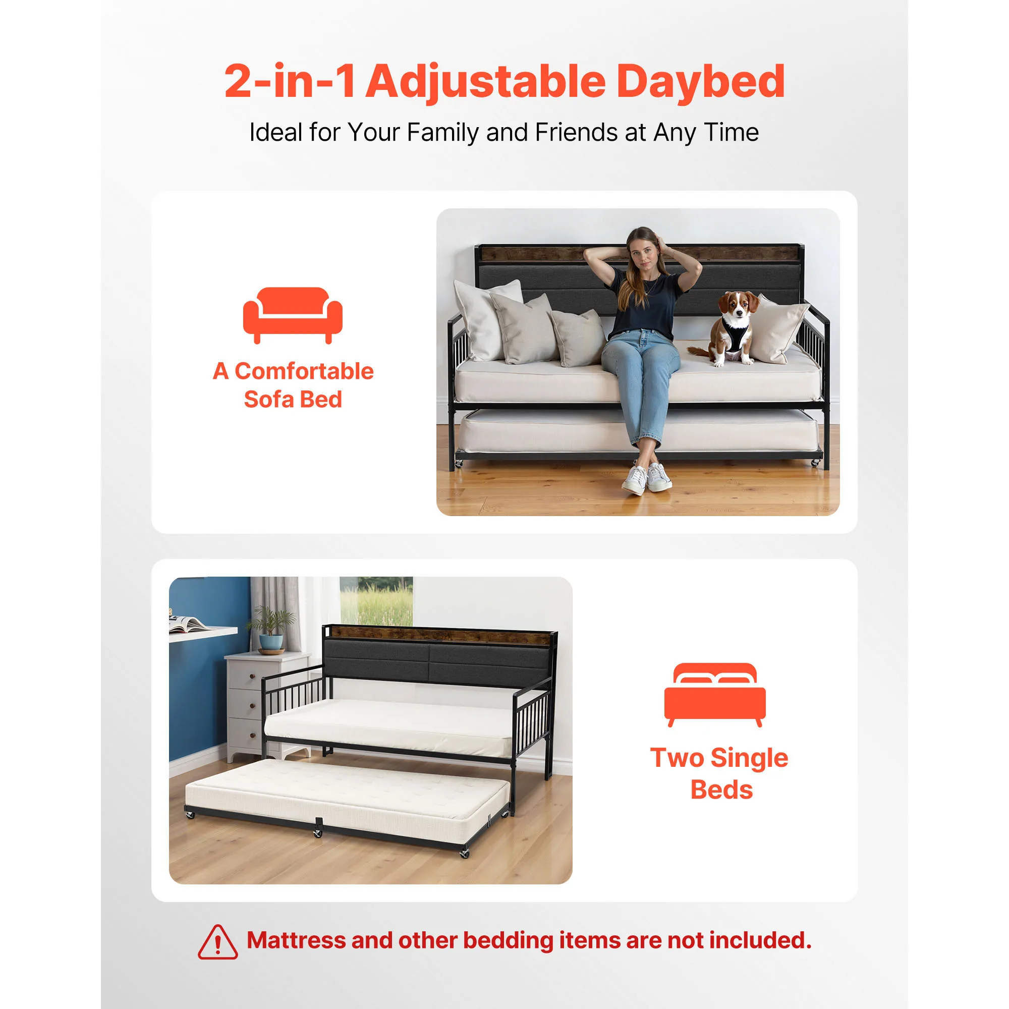 VEVOR Twin/Full Size Daybed Frame Day Bed w/ Trundle and Charging Station w/Metal Slats Support for Living Room Easy Assembly