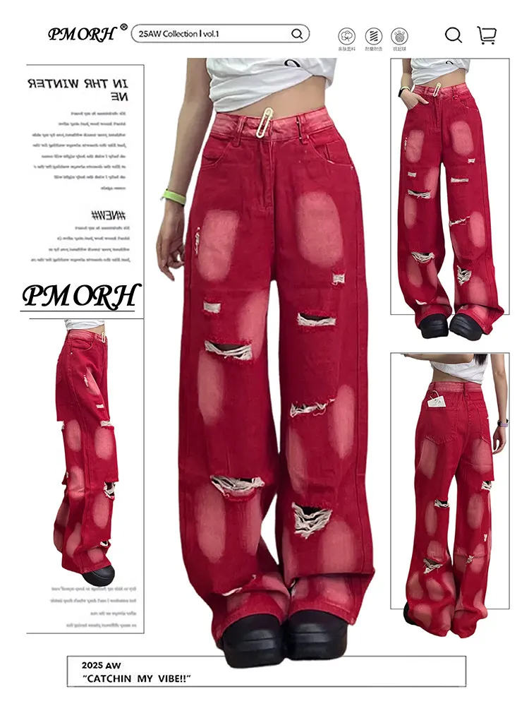 

Summer Women's Ripped Jean Hole Boyfriend Punk Wide Fit Goblin Core Denim Pants Grunge Y2K American Retro Japanese Harajuku New