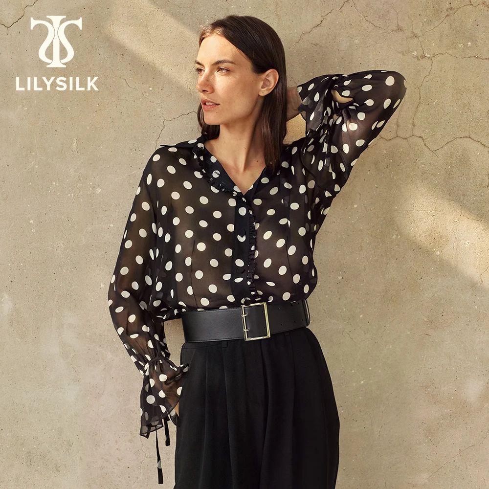 

LILYSILK Silk Blouse for Women 2023 Autumn New Button Closure Polka Dots Georgette Shirts Elegant traf Clothing Free Shipping