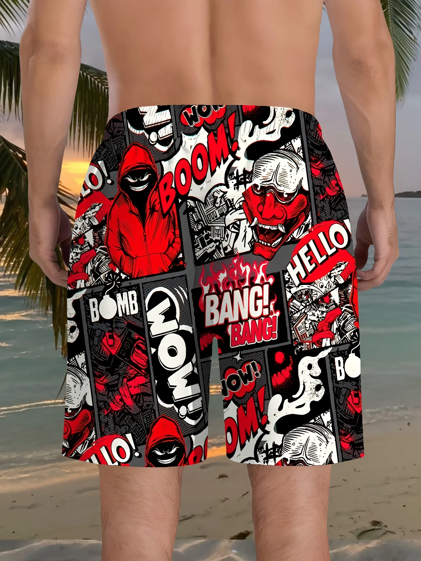 Men Summer Beach Shorts Japanese Comic Street Graffiti 3D Print Drawstring Quick Dry Swim Trunks Board Shorts