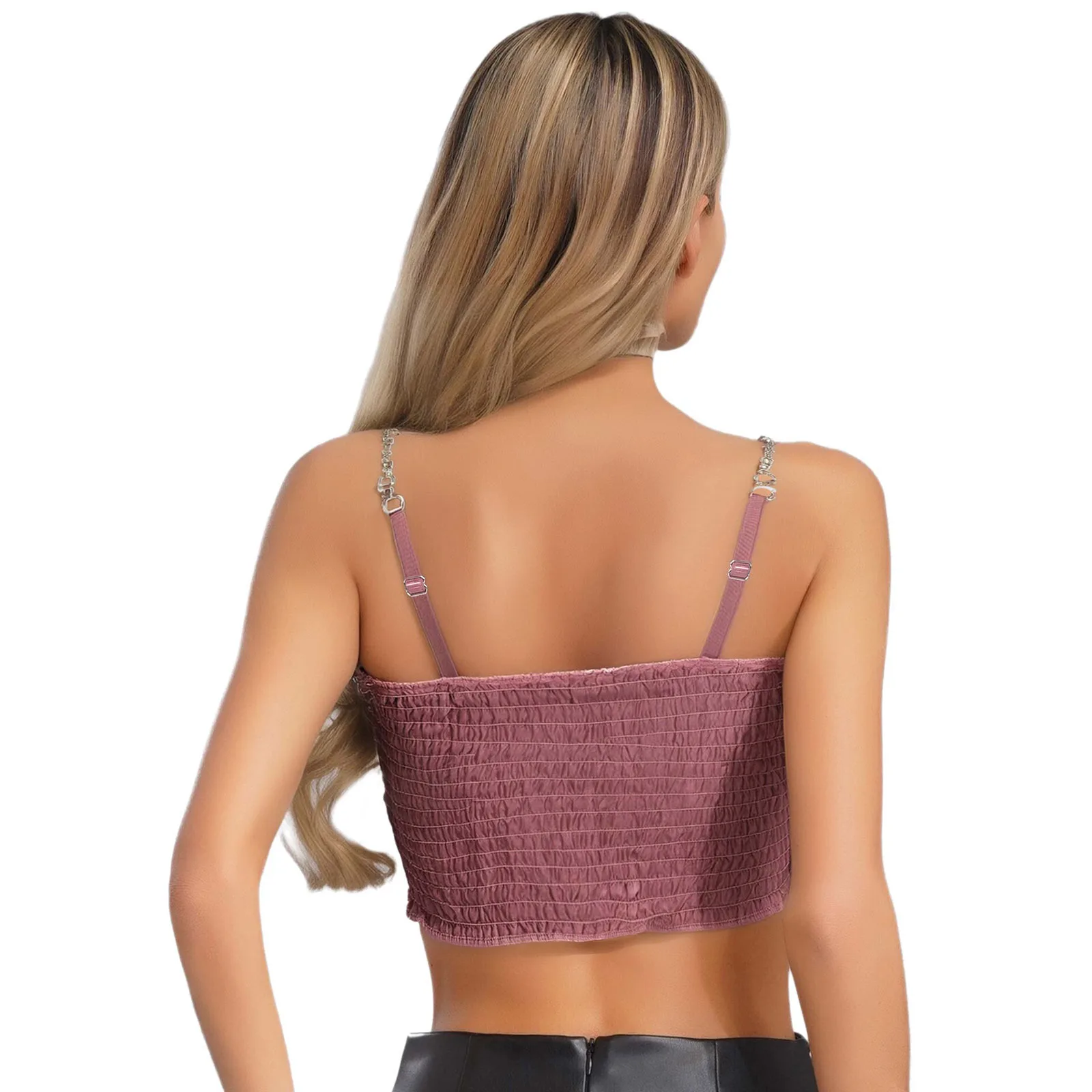 قميص قصير نسائي مثير سباركلي مطرز بالترتر المخملي سلسلة أشرطة كتف مرنة الظهر المدمج في وسادة قطع علوية قصيرة تانك القمم موضة كامي #2