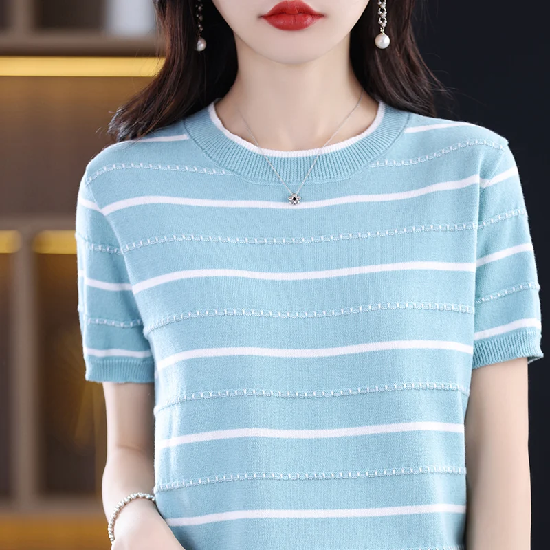 

Summer New 100% Cotton Women's Round Neck Colored T-Shirt Fashion Casual Loose Thin Soft Top Short Sleeve