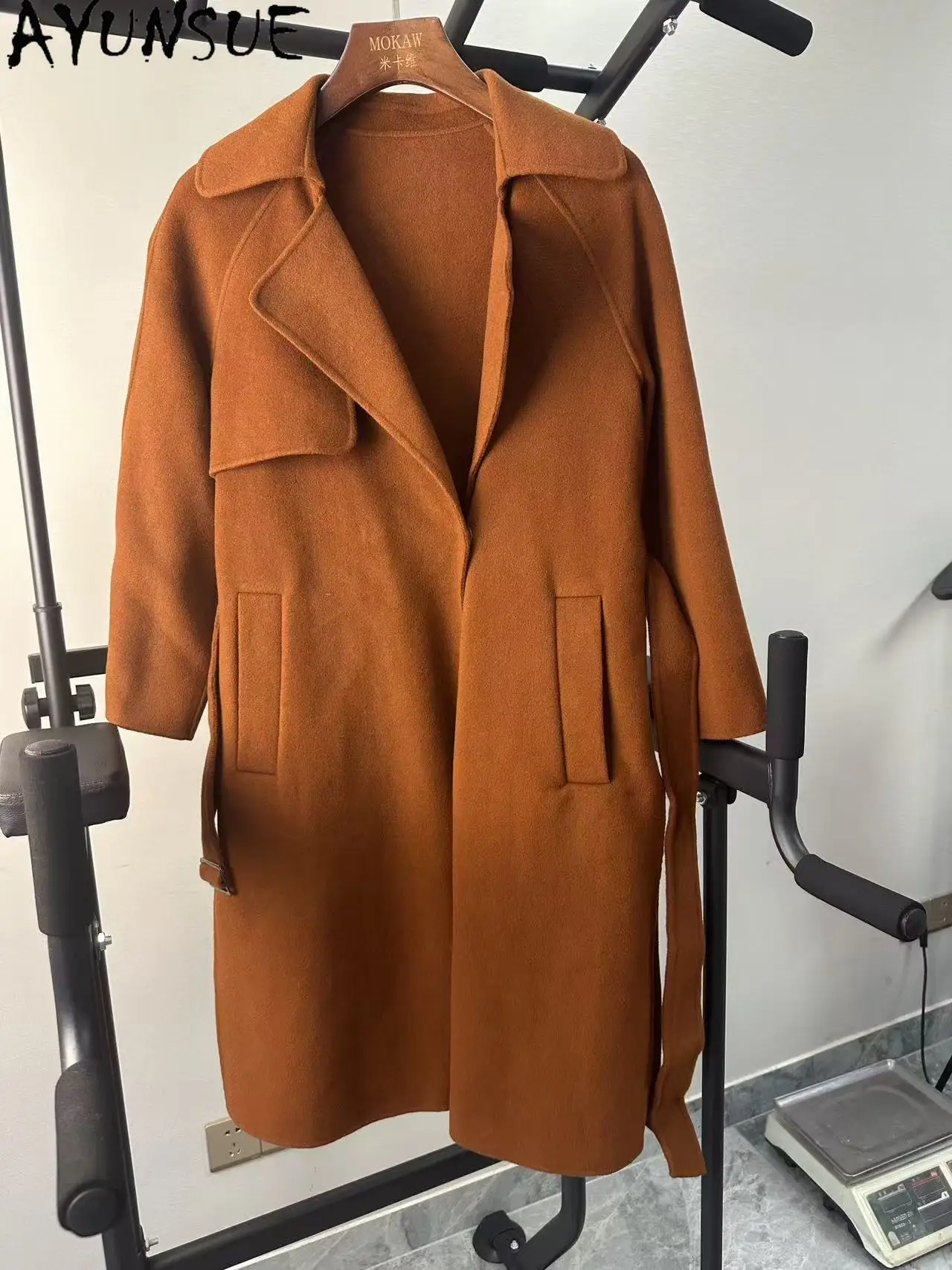 

AYUNSUE Real Wool Jacket Women Winter Clothes Belt Mid-length Trench Coat Unique Promotion Minor Flaws No Refund No Exchange