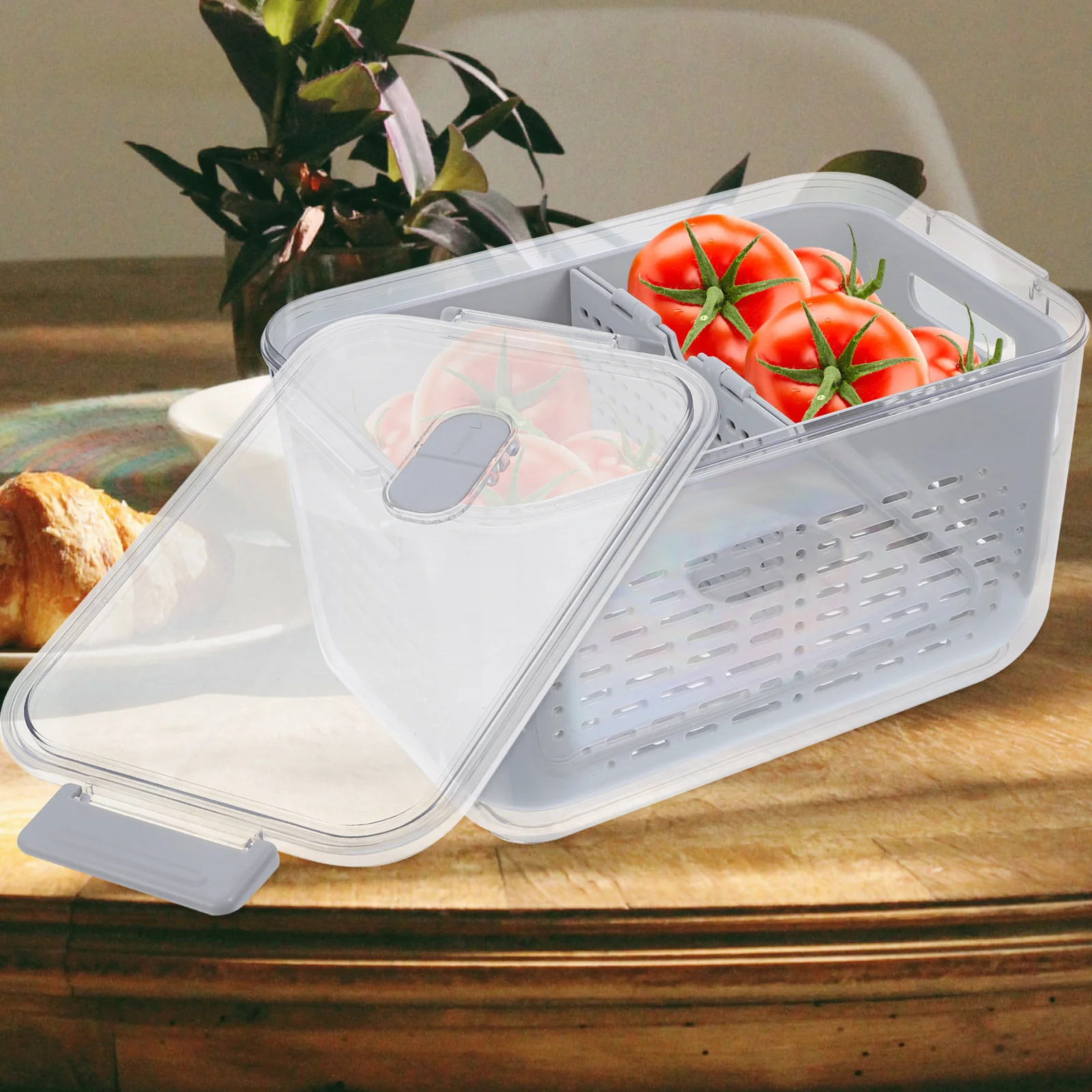 

Drainable Produce Storage Bin For Refrigerator Clear Vegetable Fruit Keeper With Detachable Colander Basket, Fridge