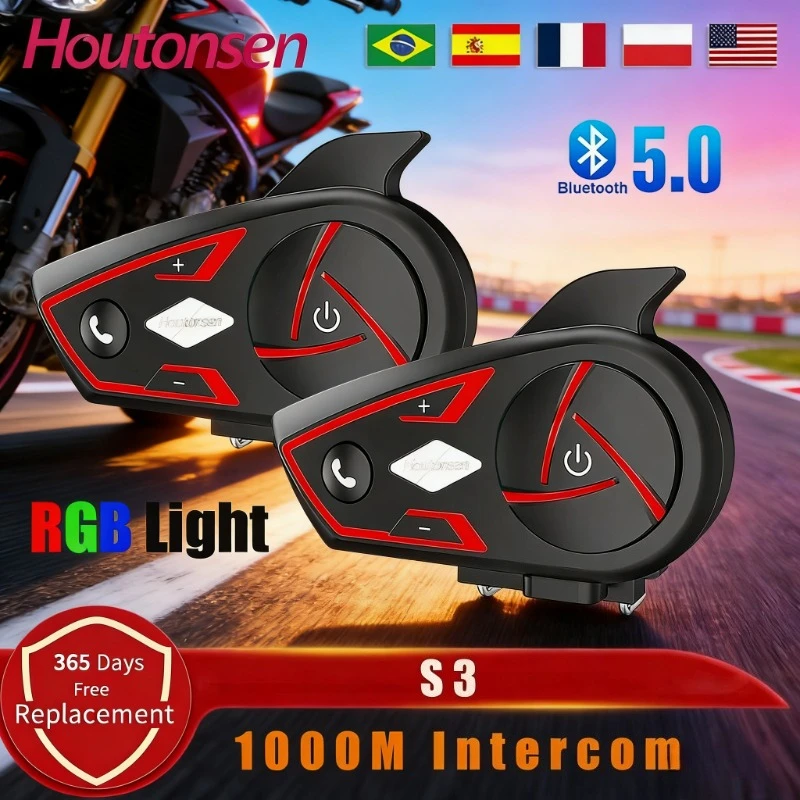 Houtonsen S3 Motorbike Helmet Bluetooth Intercom 1000M Waterproof Headset RGB Tri-Color Ambient Light Interphone