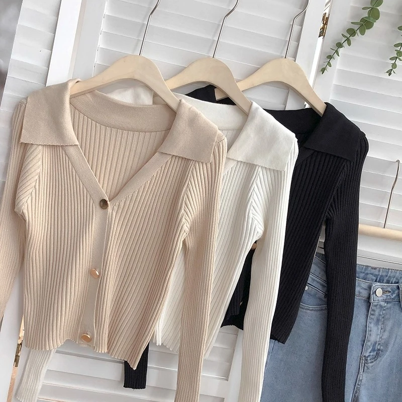 Suéteres tejidos de manga larga con cuello vuelto para mujer, cárdigans cortos ajustados de Color sólido con una hilera de botones, novedad de Otoño de 2026