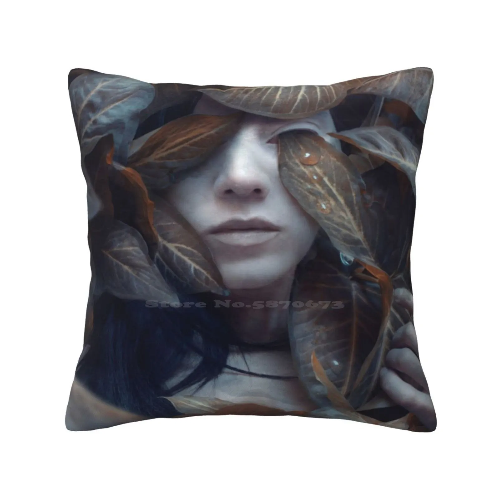 Hydroponic Funny Cute Decor Square Pillowcase Face Portrait Garden Nature Autumn Sadness Tears Emotion Hand Black Hair Woman