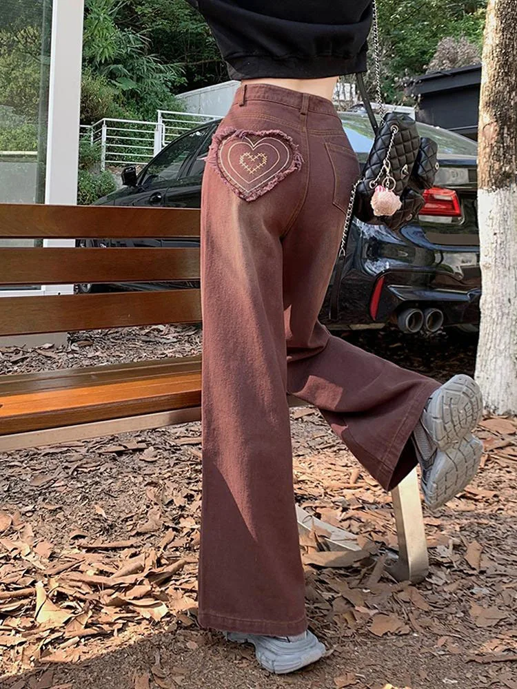 Fashion High Waist Brown Jeans Women New Design Street Wide Leg Pants Coquette Trousers