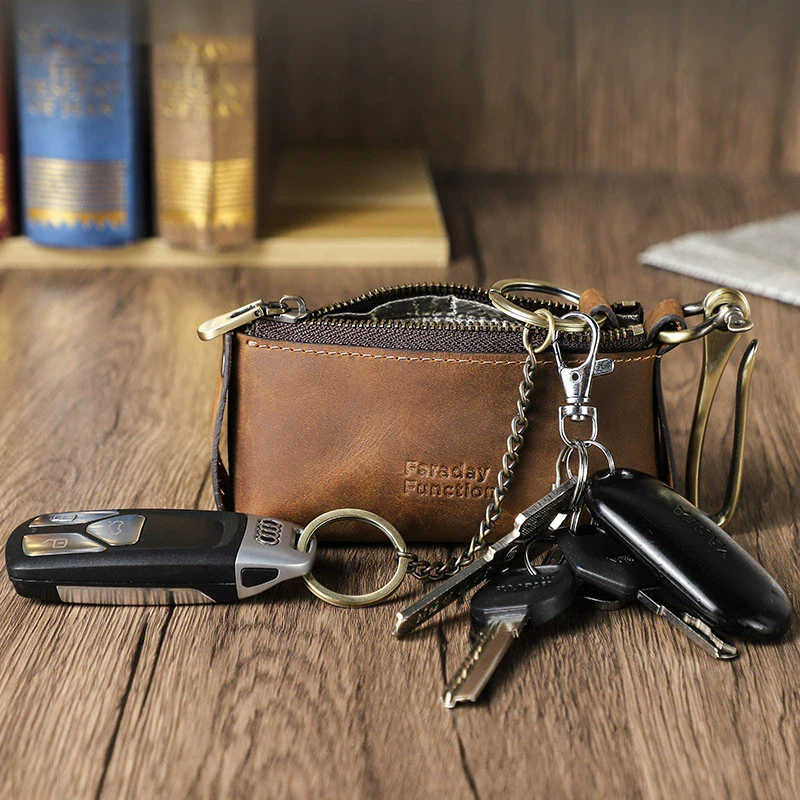 RFID Women & Men Housekeeper Card Key Holder Organizer Pouch Luxurious Genuine Leather Key Bag Coin Purse Zipper Clutch Wallets