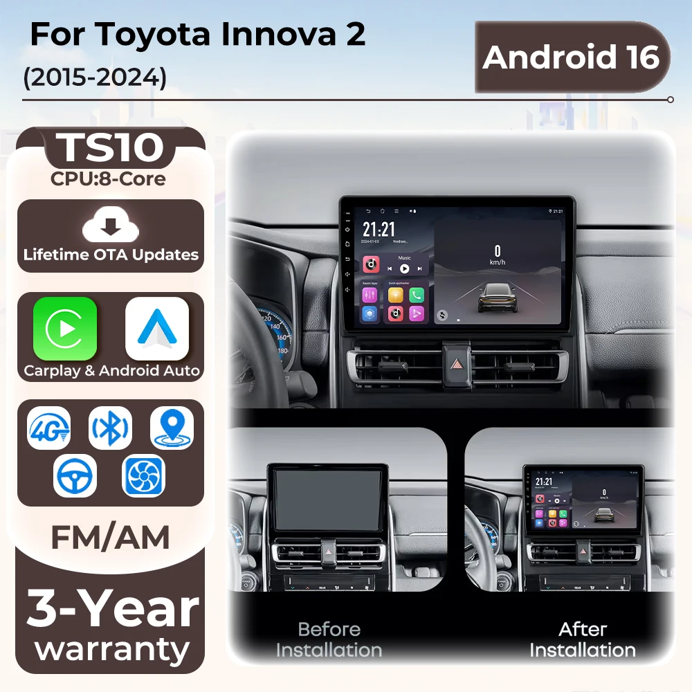 Car Radio Autoradio Carplay Android For Toyota Innova 2 2015 - 2024 GPS Navigation Multimedia Player Touch Screen 4G TEL BT A2DP