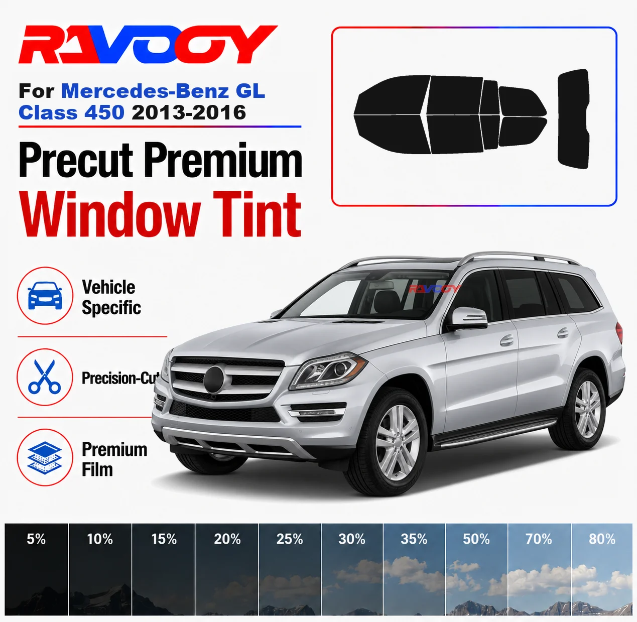 Premium Precut Window Tint Kit Front Rear Windows Rear Windshield For Mercedes-Benz GL Class 450 2013-2016 Nano Ceramic Film