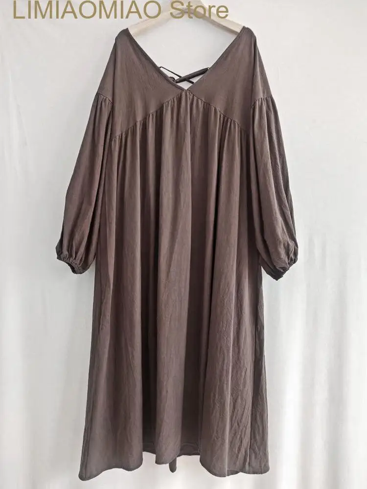 Vestido longo com decote em v feminino, sólido, manga bolha, Dobre, solto, lazer, streetwear, roupas femininas, primavera, verão, novo