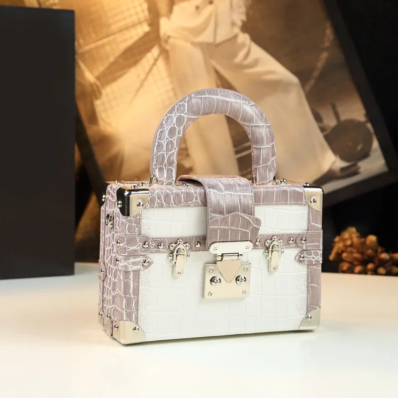 Sac de luxe à motif de pierre pour femmes, en cuir véritable imprimé Crocodile, Mini poignée supérieure, sac à bandoulière de forme géométrique Unique