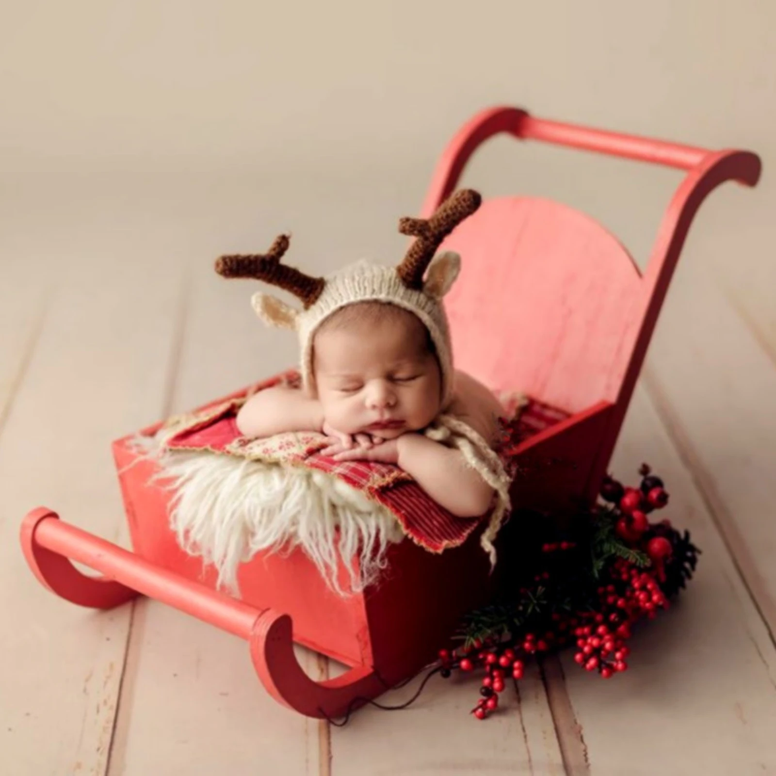 Newborn Photo Props Red Sleigh Multiuse Wooden Sleigh Photo Background Accessories Vintage for Baby Shower Party Holiday Decor