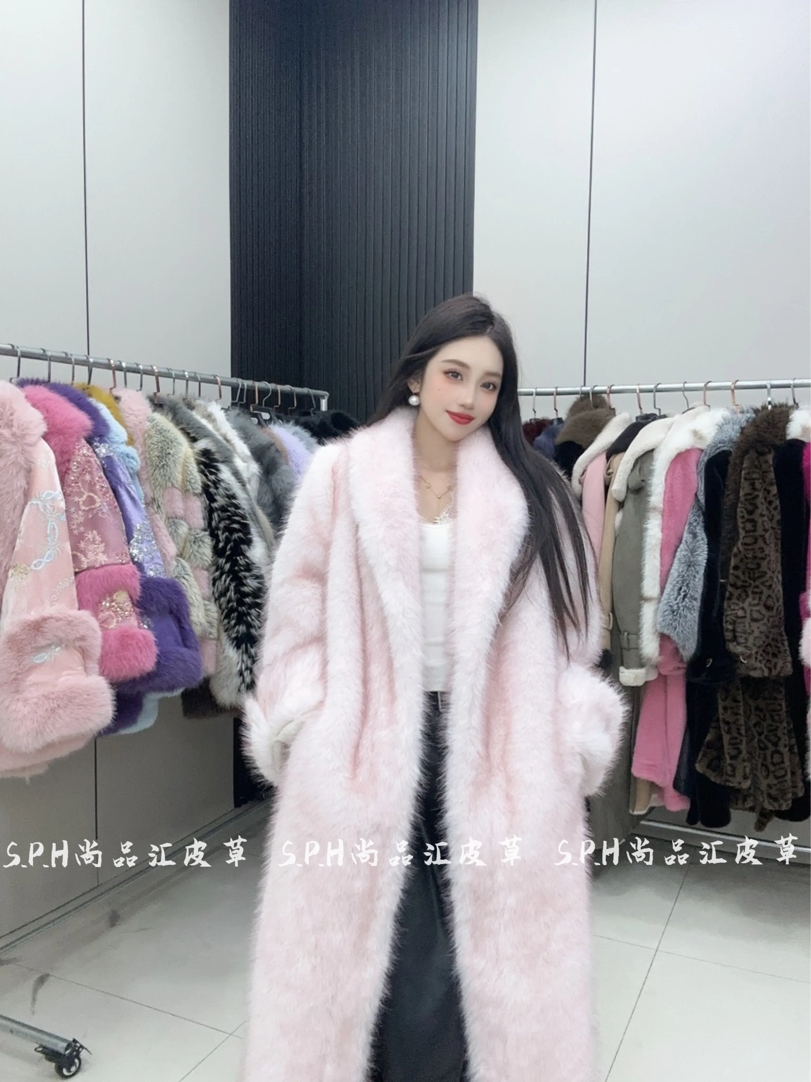 ผงพีช Faux FUR Coat ยาวผู้หญิงชุดสูทหนาเสื้อแจ็คเก็ตฤดูหนาวเสื้อผ้าผู้หญิงเสื้อแฟชั่น Fluffy JACKET