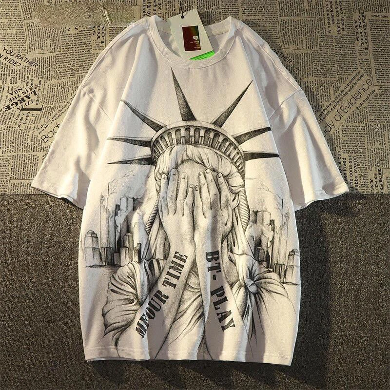 Cotton Retro personality Graffiti Print T shirt Fashion Y2K Men and Women Loose Street Hip Hop Art Y2K Short Sleeve Top