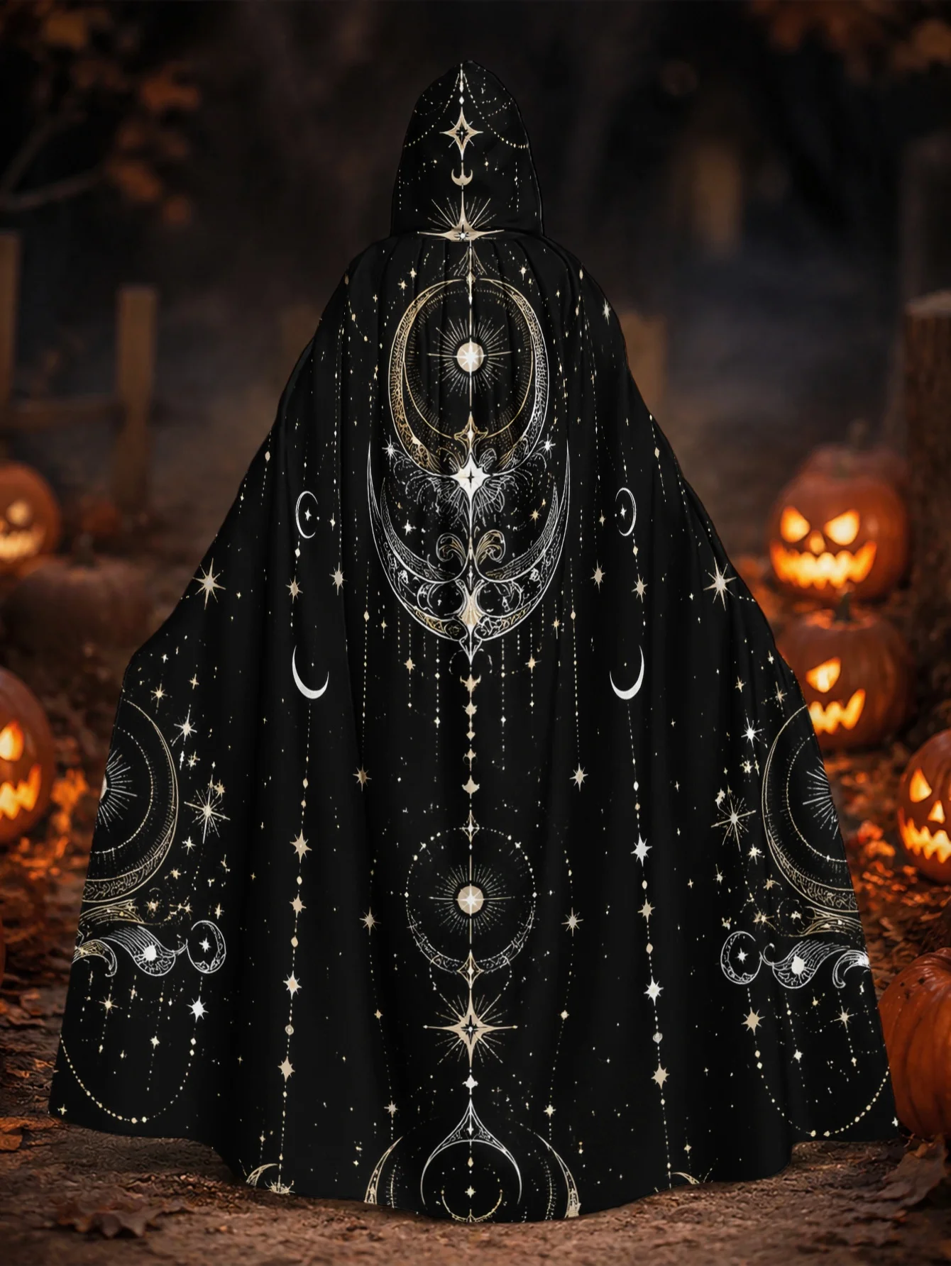 Customization 1pc Medieval Renaissance Cloak Hooded Costume With Ornate Black Moon & Star Print - Loose-Fit Hooded Robe Suitable