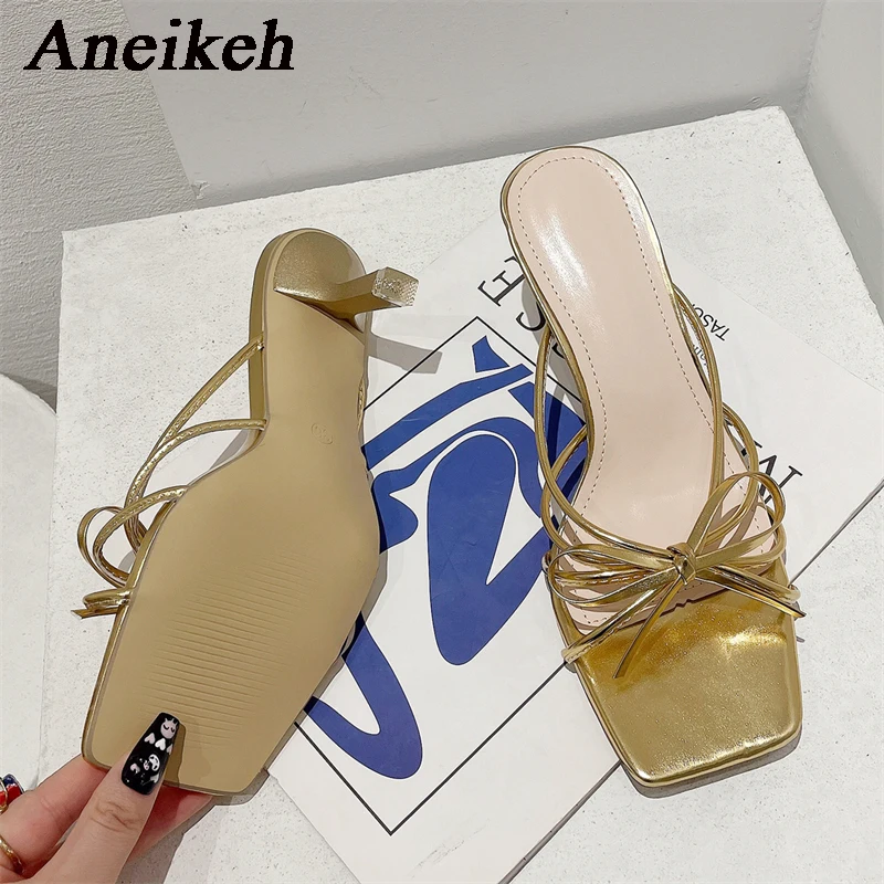 Aneikeh Women Bowtie Square Head Mid Heel Slippers 2024 Summer  PU Open Toe Outdoor Non Slip Casual Shoes Size 35-39