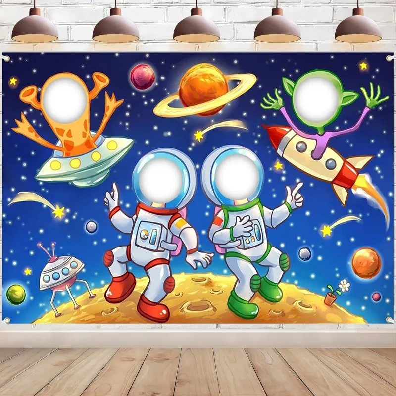 Cartoon Outer Space Backdrop Astronaut Alien Face Cutout Rocket Spaceship Universe Planet  Background Galaxy Party Decoration