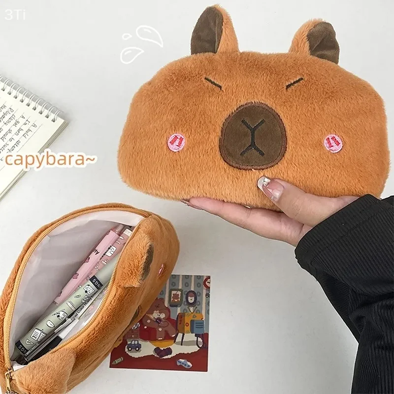 

Creative Capibala Plush Pen Case Large Capacity Safe Material Animal Zipper Kids Bag Children'S Pen Pouch School Case Supplies