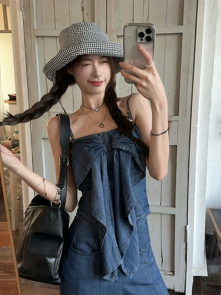 Summer Women French Tide Vacation Vintage Gyaru Suit Old Money Denim Outfits 2 Piece Set Hot Tube Top + High Waist Baggy Jeans