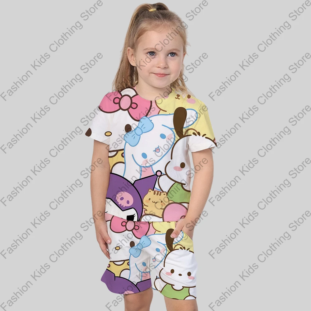 MINISO Summer Children Clothing Sets Boy Girl Cartoon Hello Kitty & Friends Print Casual T-shirt+Shorts Set Kids Tracksuits Suit