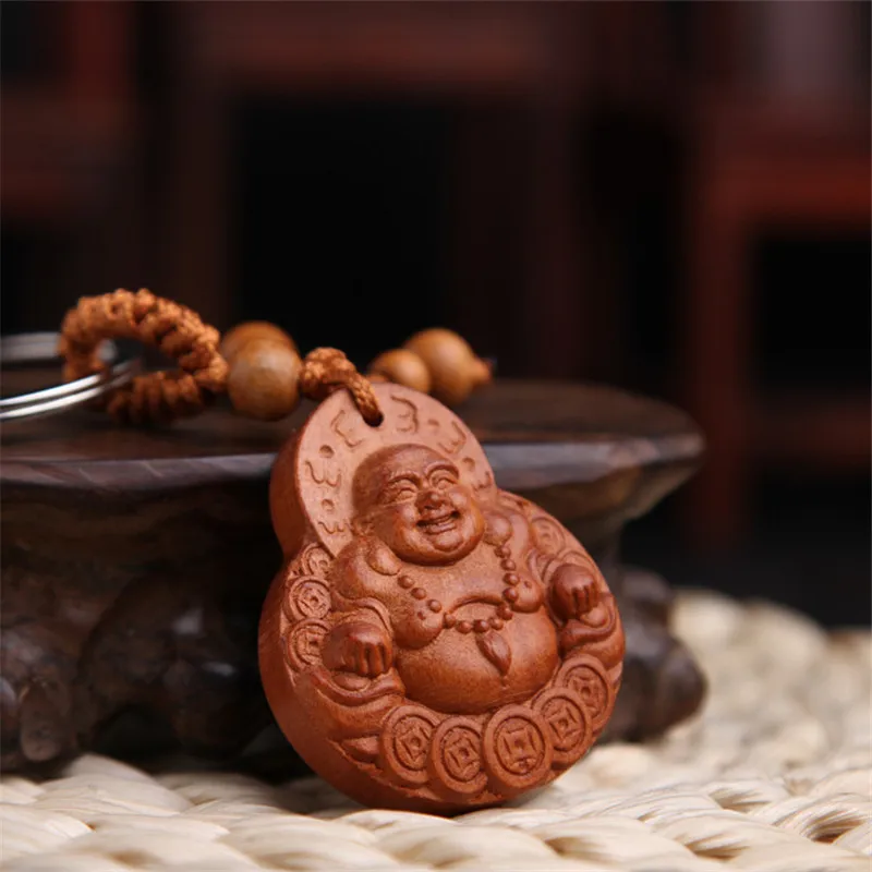 Cute Mahogany Wooden Keychain 3D Engraving Lifelike Buddha Pendant Key Ring Person Shape Key Holder Jewelry Making Accessories