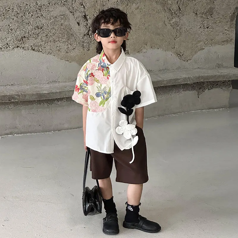 

Boys' Shirts 2025 Summer Children's Short-sleeved Western-style Printed Shirts Children's Shorts Set