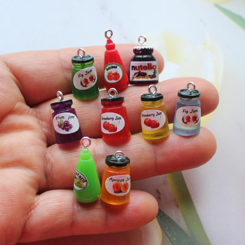 10Pcs Min Strawberry Fruit Jam Bottle Resin Tomato Mustard Paste Pendant Party Gift Photo Prop Kitchen Doll Home Tableware Decor