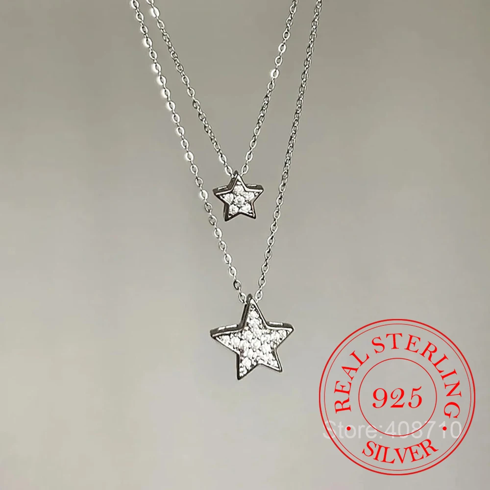 

925 Sterling Silver Zircon Crystal 2-layer Star Pendant Necklace For Women Choker Chain Wedding Engagement Party Jewelry Gift