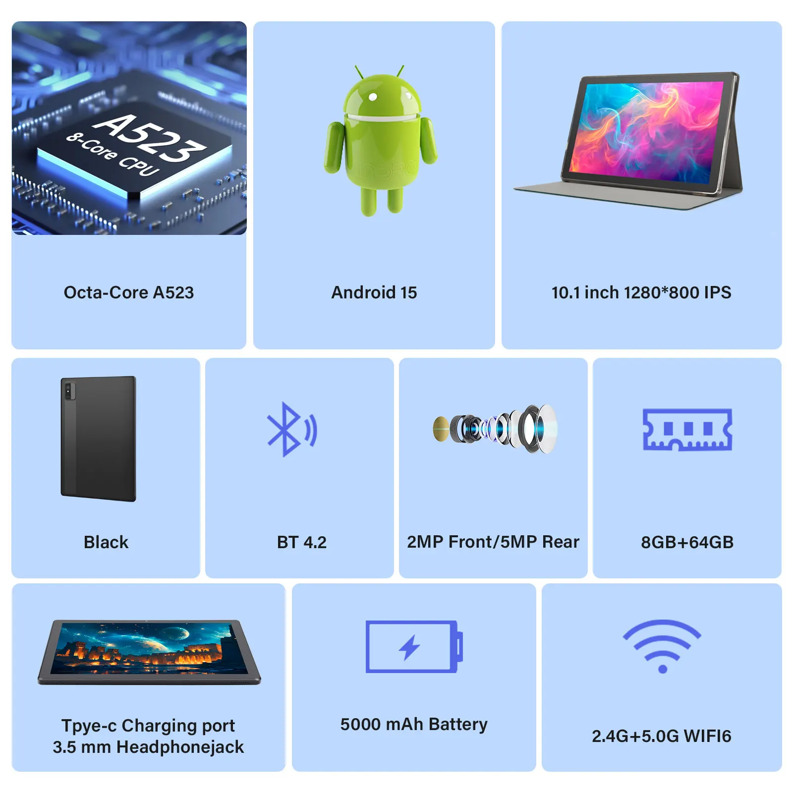 10,1-дюймовый деловой планшет с черным корпусом, клавиатура, мышь, Android 15, планшетный ПК, WIFI, Ipad, 8 ГБ + 64 ГБ, 1 ТБ, расширенная офисная вкладка, 5000 мАч