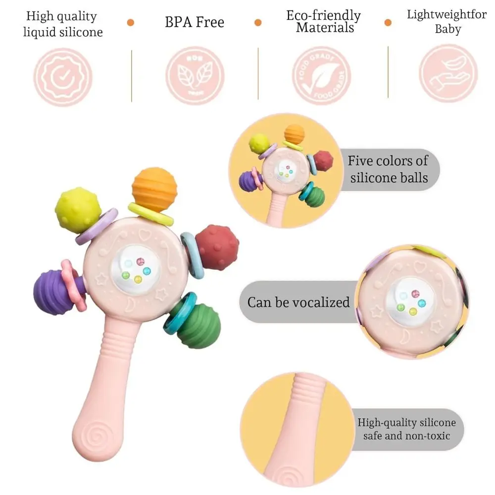 Hot BPA Free Baby Sensory Teething Toys Choke Proof Design Grip Strengthening Handle Chew Toy Rattle Stick for Aged 0-36 Months