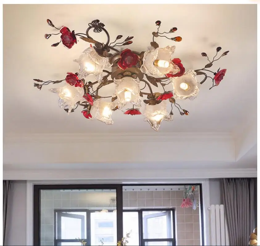 European-style Floral Roses Living Room Ceiling Lamp Decora Candle Glass Shades Ceiling Lamp D95cm H28cm 7Lights Home Decoration