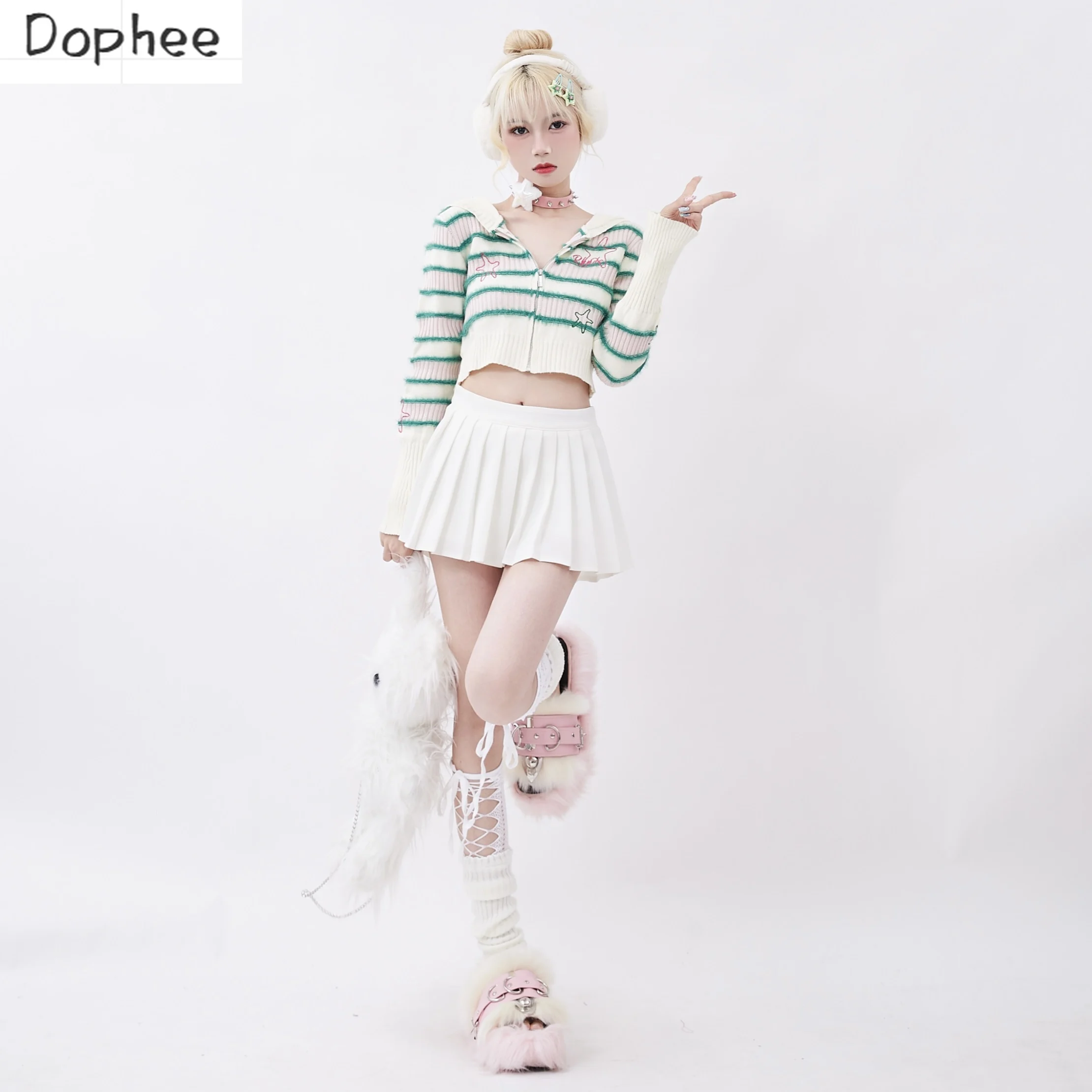 

Dophee New Autumn Women Cardigans Sweaters Dopamine Spice Girls High Waist Crop Top Contrast Color Stripes Zip Knitted Shirts