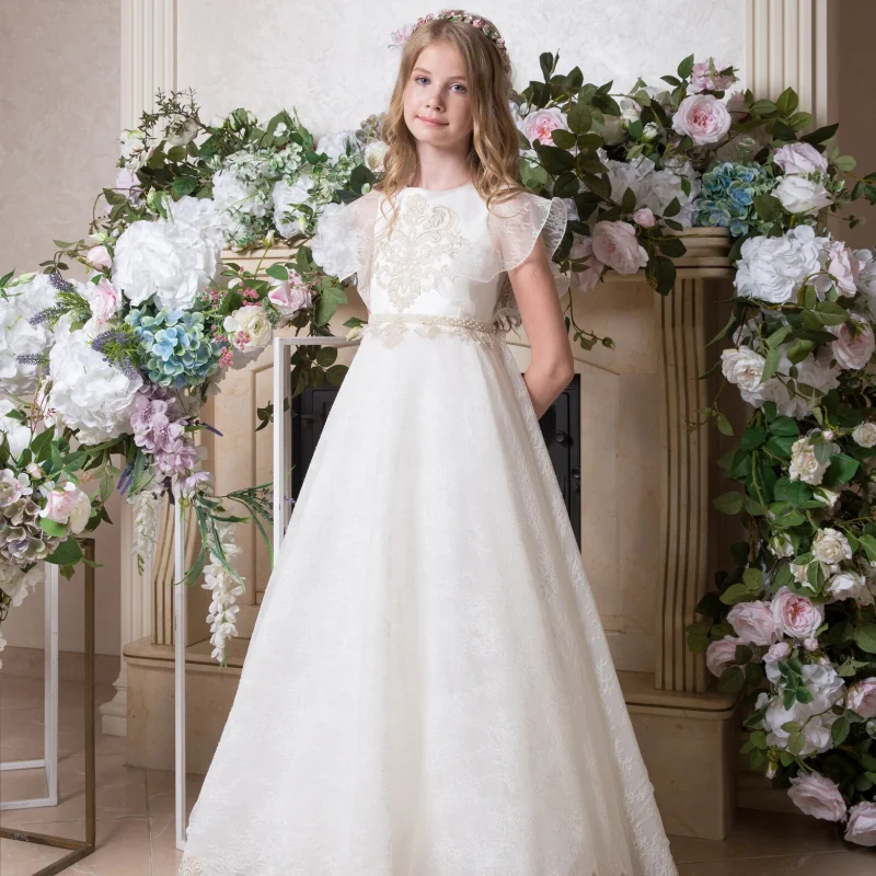 Avorio Flower Girls abiti gonna lunga Appliques oro ricamo Cap Sleeve per matrimoni compleanno spettacolo banchetto abiti da principessa