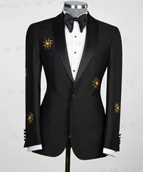 Special Black Men Suits 2 Pieces Blazer Pants One Button Gold Diamonds Beadings Prom Formal Wedding Groom Plus Size Tailored