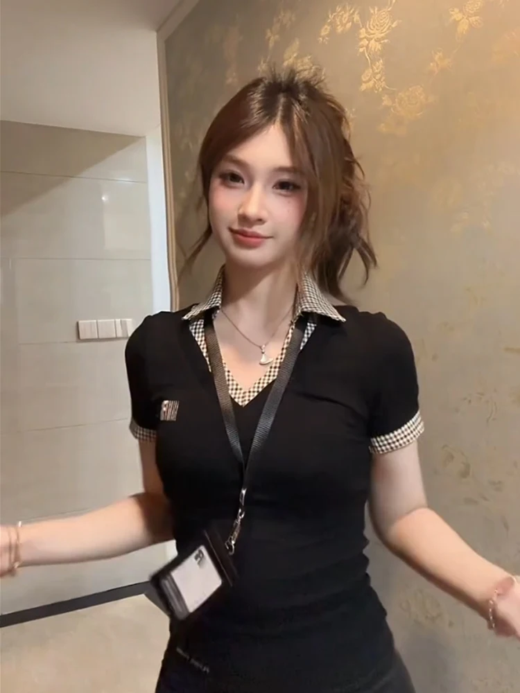 T-shirt ort-sved patchwork retrò americana V-ne T-shirt estiva da donna piccante slim fit in vita oulder irt Top