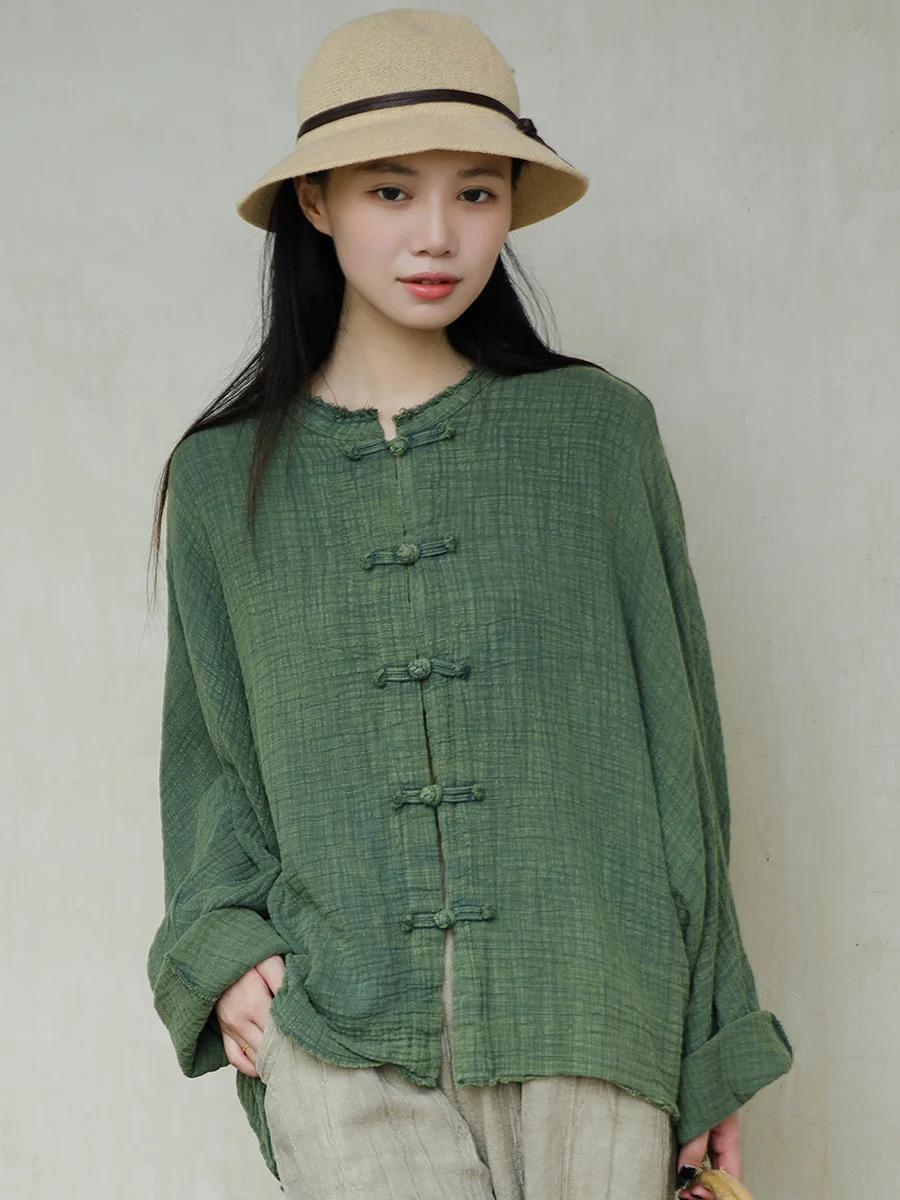 LZJN Women's Chinese-style cotton linen pleated fabric loose bat-sleeved casual round neck solid color shirt