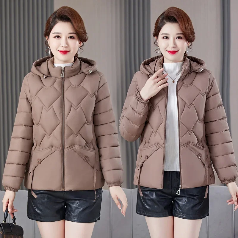 冬用厚手婦人服　新ファッション　ダウンコットンジャケット　長袖スタンドカラーフード付きパーカー　カジュアルルーズスノーウェアコート
