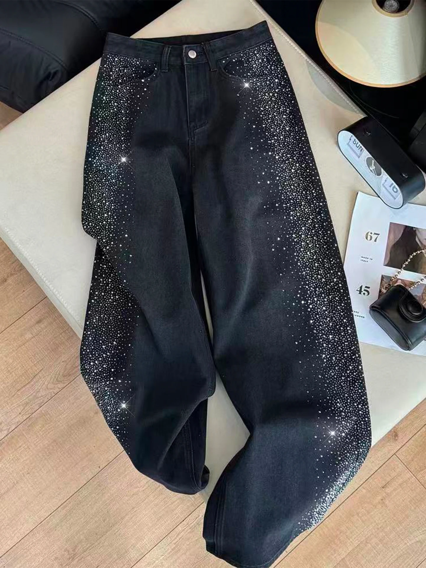 

Весенние женские джинсы с высокой талией, свободного прямого кроя, с титановыми стразами, в корейском стиле, для интенсивной носки